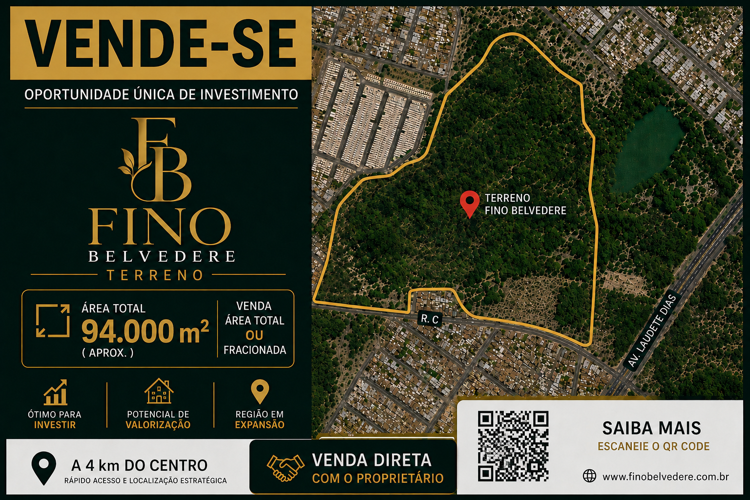 Apresentação oficial do terreno Fino Belvedere com vista aérea delimitada